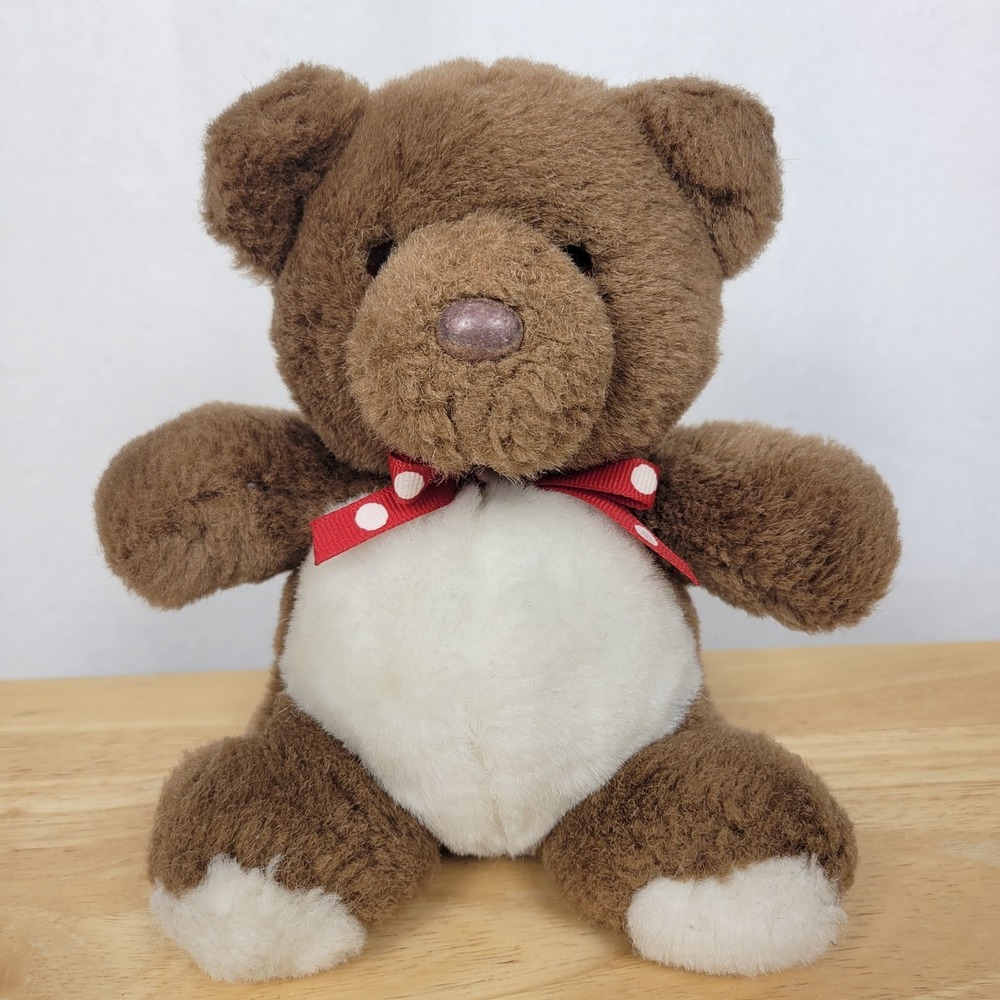 Vintage 1993 Gund Brown Teddy Bear 7" Plush with Red Polka Dot Bow Cozy Clean